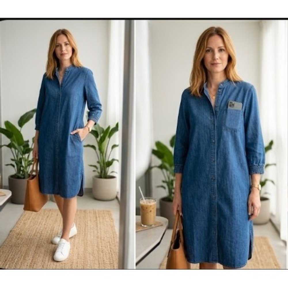 Jean Dress Maerz 100%‎ Cotton Chambray Shirt Dress Blue Band Collar Button Down